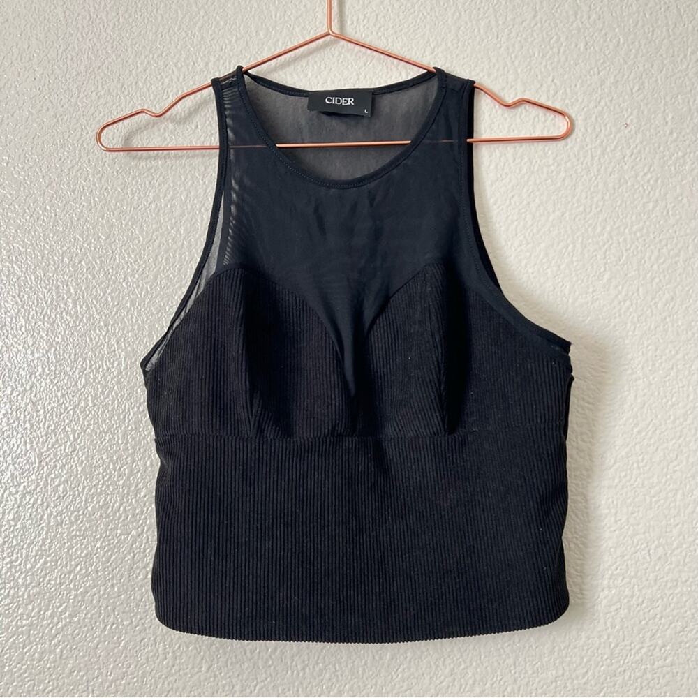 Cider black sheer mesh and ribbed corduroy crop tank top sweetheart neck